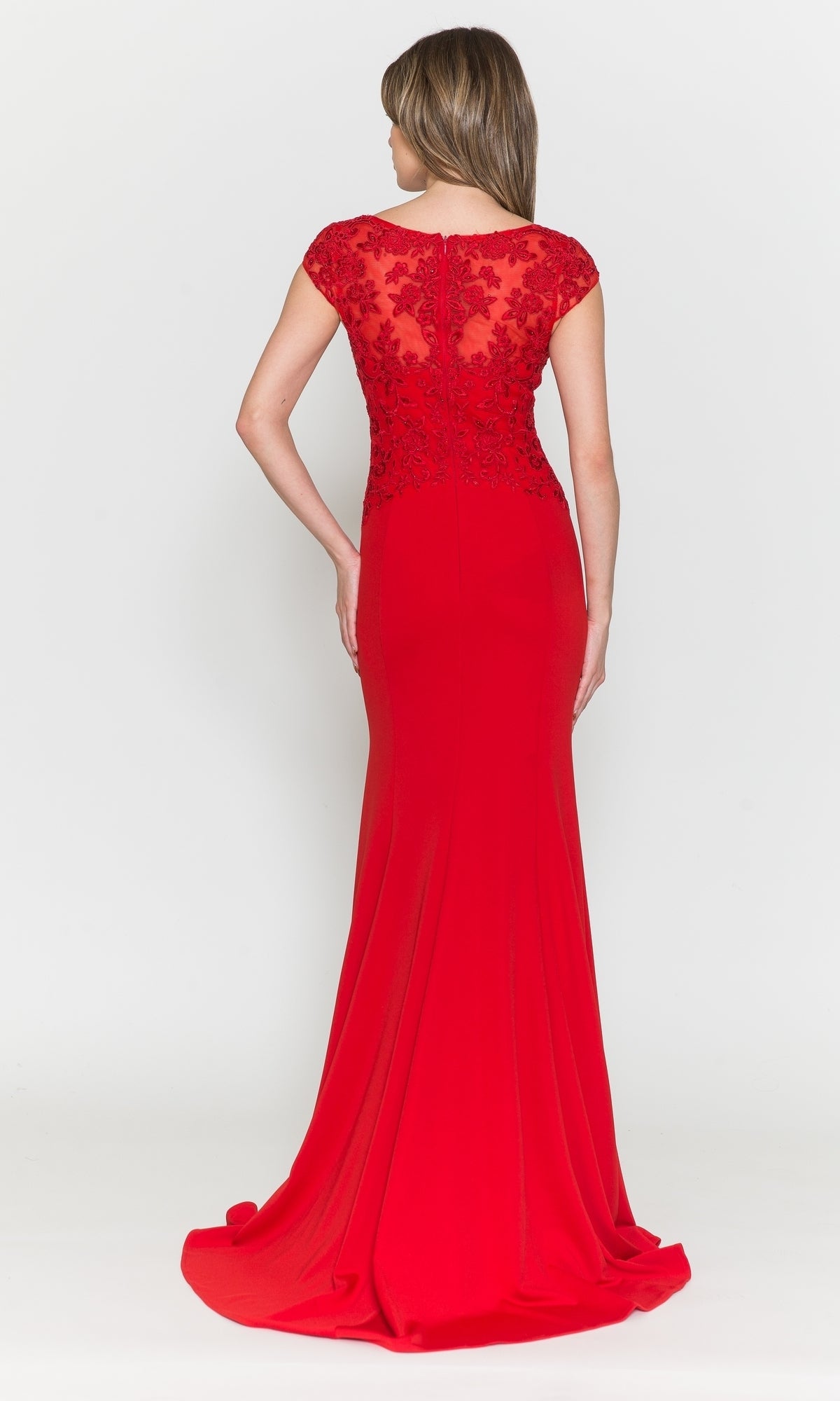 A woman faces away from the camera, wearing the Cap-Sleeve Embroidered Jersey Long Prom Dress 8558 in red, featuring floor-length jersey fabric, lace detailing on the back, and cap sleeves against a plain white background.